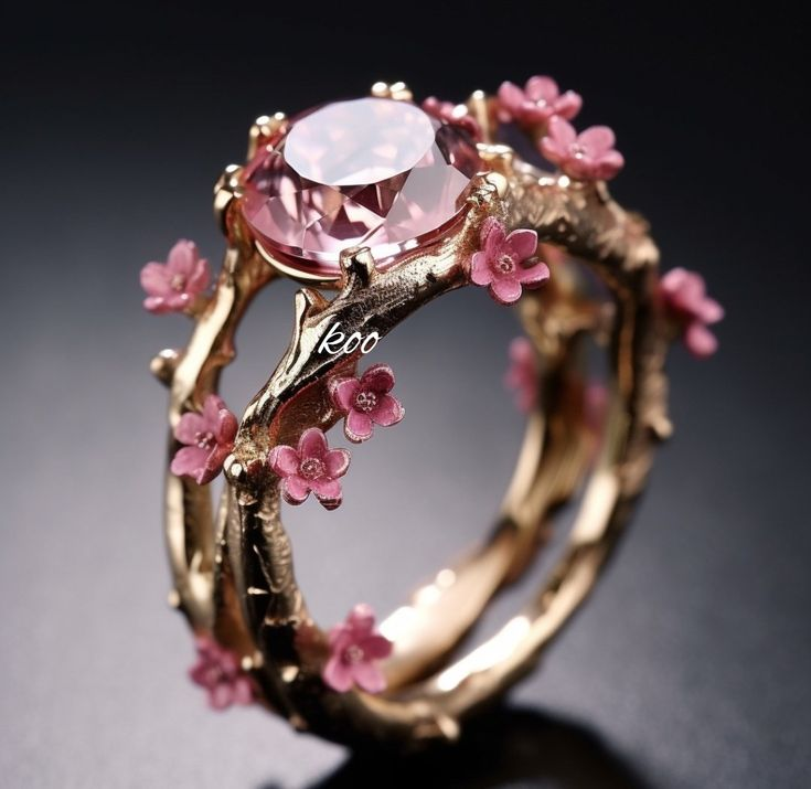 Exotic Golden Crystal Pink Flower Ring