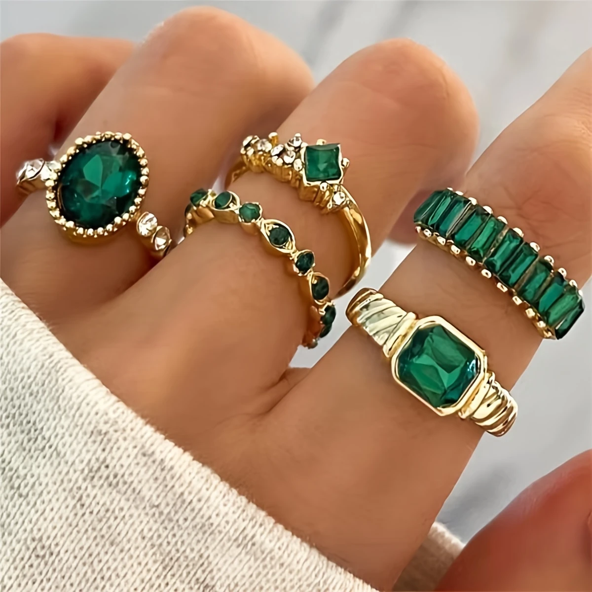 Golden Green Bright Ring Set