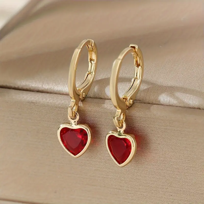 Vintage Red Crystal Heart Gold Earrings